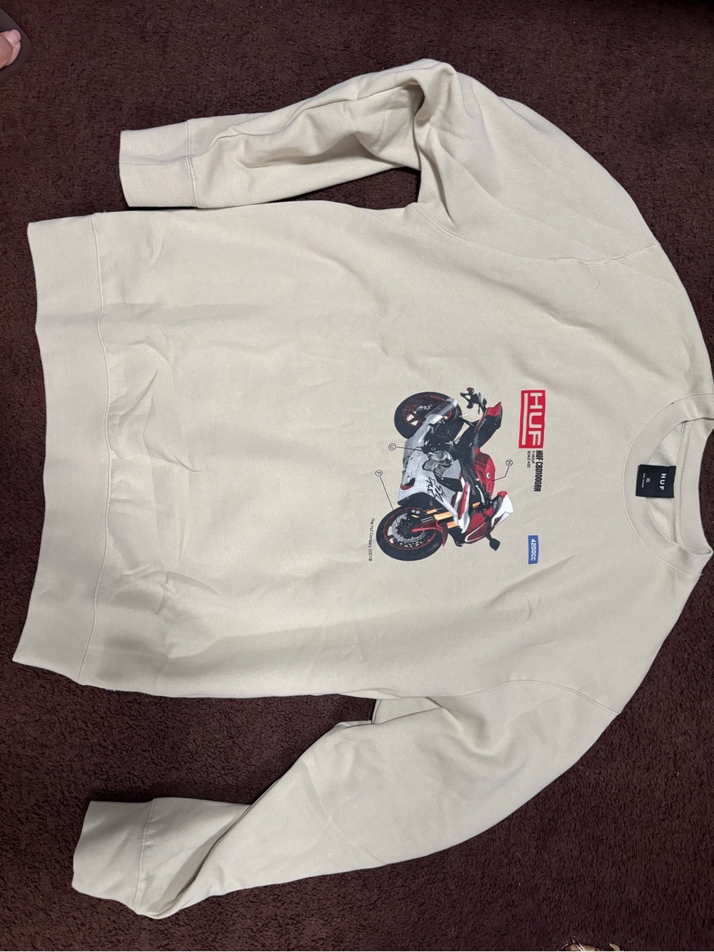 HUF Cream Crewneck with Red Motorcycle Graphic